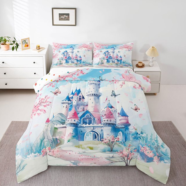 Erosebridal Blue Castle Comforter Sets Queen Size For Girls,Floral Butterfly Bedding Queen Comforter Set,Princess Decor,Reversible,3Pcs