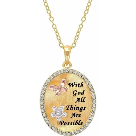Sterling Silver and 18K Gold Plate Crystal Border "With God All Things Are Possible" Oval Pendant, 18