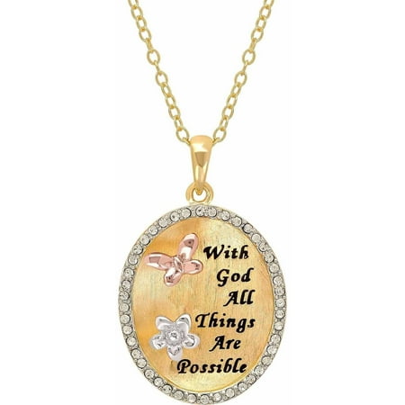 Engraved Butterfly & Flower Pendant Necklace with Swarovski Crystals in 18kt Gold-Plated Sterling Silver