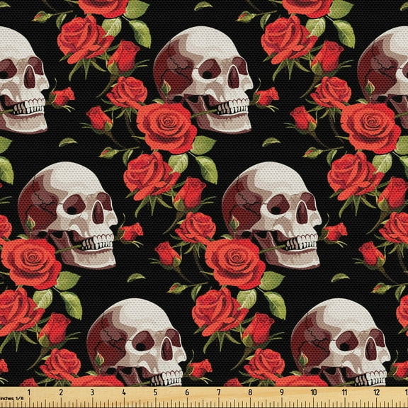 Ambesonne Skull Print Fabric by the Yard, Roses Scary Gothic Art, 1 Yard, Dark Pink Olive Green