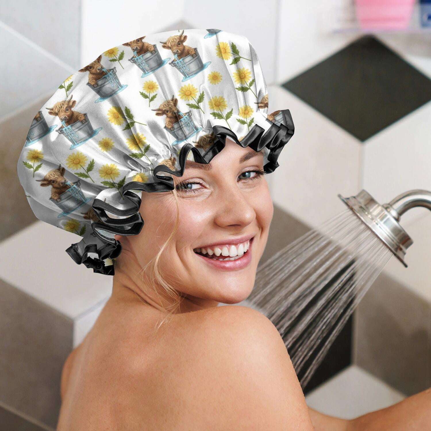 Shower Caps,Highland Cow Bucket Flower Pattern Waterproof Shower Cap for Women 4 Pieces,Double Reusable Hair Cover for Shower PEVA Elastic Stretch Hem