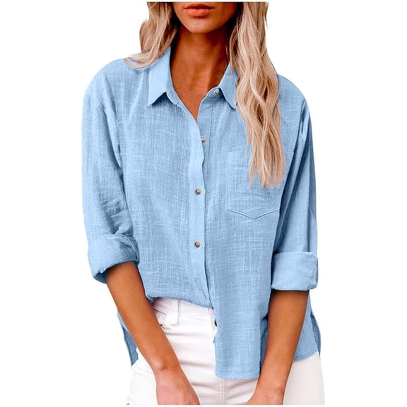 Aricy Women Button Down Shirts Dressy Casual Tops Business Work Blouses Gauze Cotton Linen Long Sleeve Shirts V Neck Loose Blouse Plus Size Elegant Tunic Top