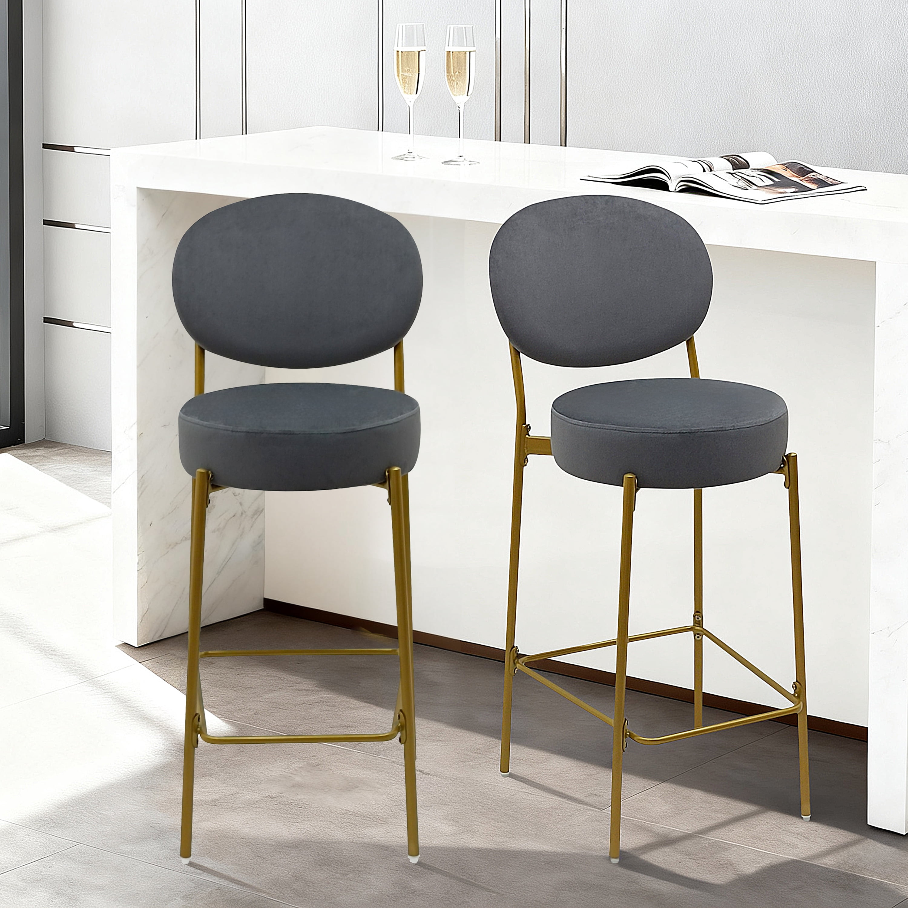 Velvet Upholstered Bar Stools 2 Pack with Gold Legs Counter Height Stools Featuring Backrest and Footrest for Kitchen Dining in Gray