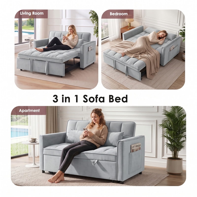 avobird 3 in 1 Convertible Sleeper Futon Sofa Bed, 55" Pull Out Sofa Bed with Storage Pocket/Side Pocket/2 Pillows for Living Room, Gray