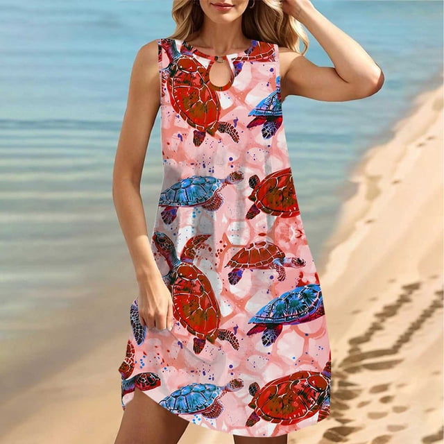 FcBaudy Robe Sans Manches Col Rond, Robes d'Été pour Femmes, Robes pour Femmes Col Rond Sans Manches Dégradé Teinture sur Nœuds Robe de Plage Robe pour Femmes