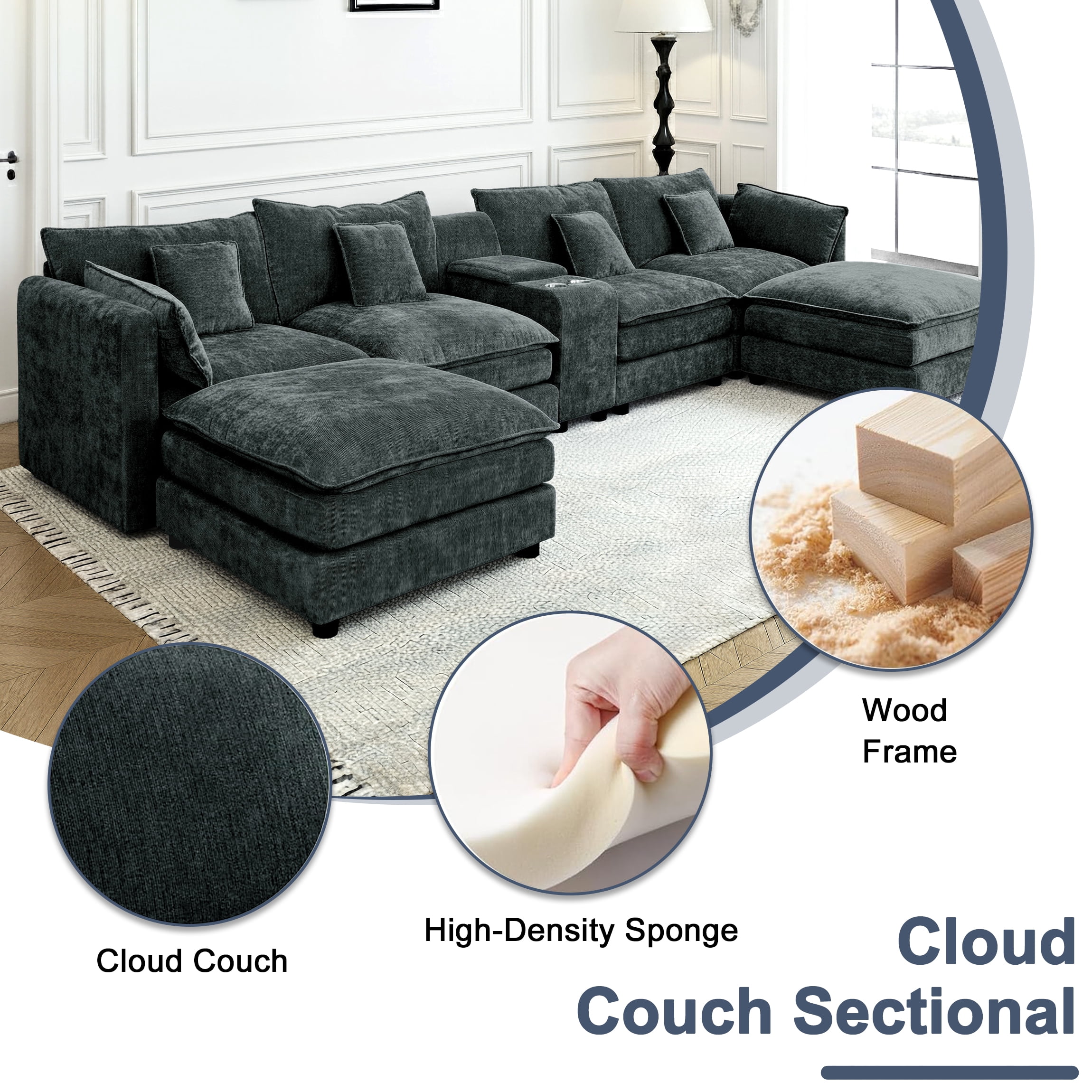 144" Cloud Couch, Black-Gray Modular Sectional Sofa, Chenille 6 Seat U Shaped Couch with Storage Box, Cup Holders and Movable Ottoman