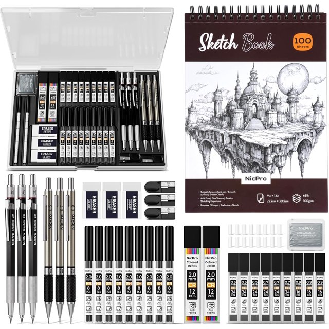 TEMOGU-Art Drawing Supplies Kit, Art Mechanical Pencil Set with 6 Metal Drafting Pencil 0.5 & 0.7 & 0.9 & 2mm, 100 Sheets 9 x 12'' Sketch Book, 20 Tube Lead Refills for Sketching
