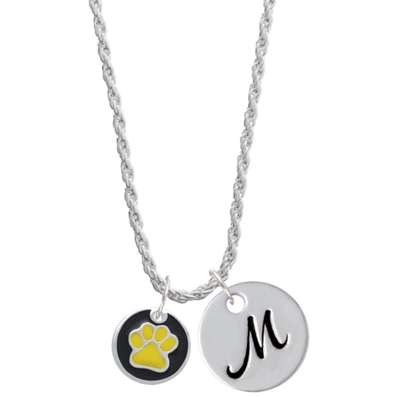 Delight Jewelry Silvertone Yellow Paw on Black Disc Silvertone Script Initial Disc - M - Charm Necklace, 20"+3"
