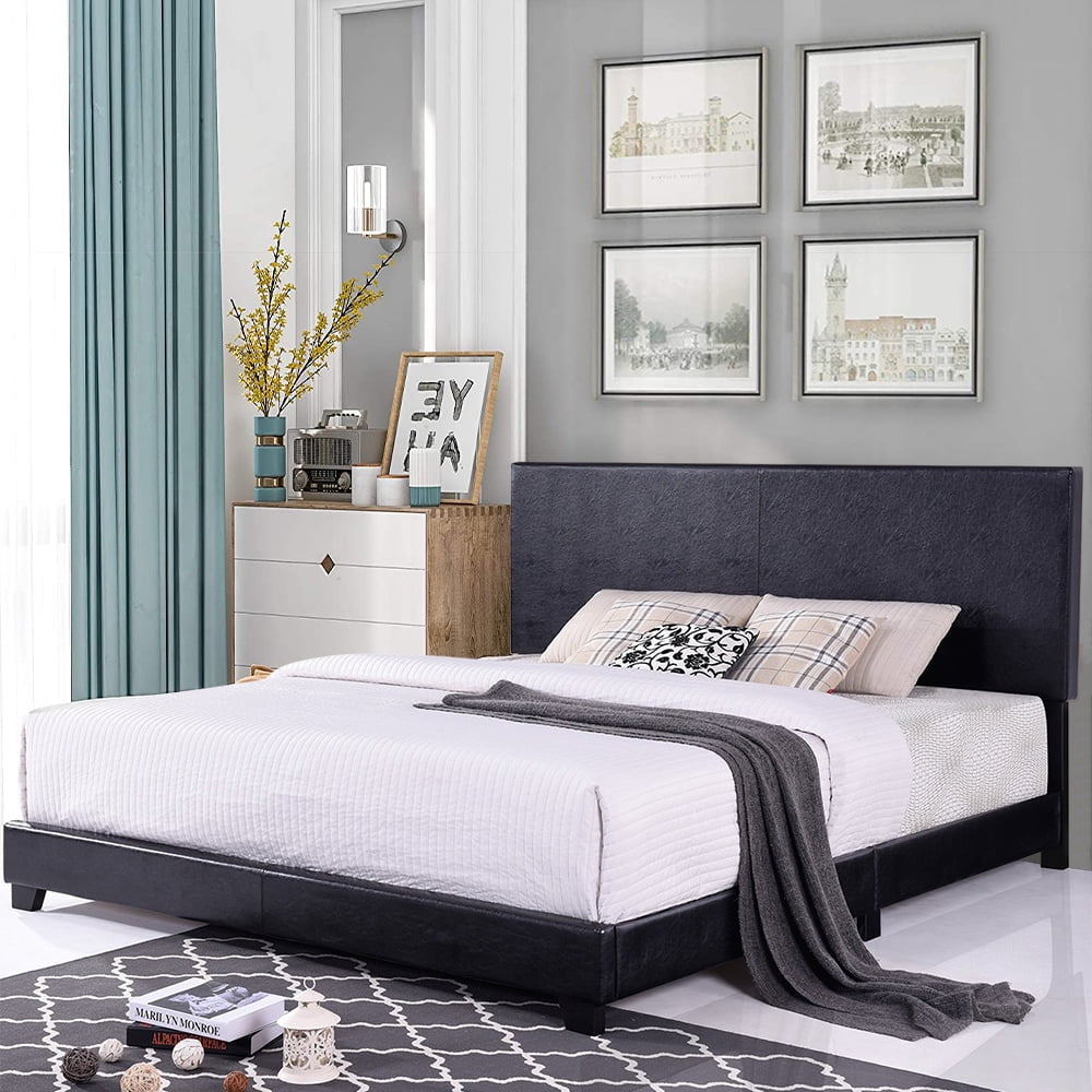 Clearance! Queen Platform Bed Frame, Faux Leather Upholstered Platform