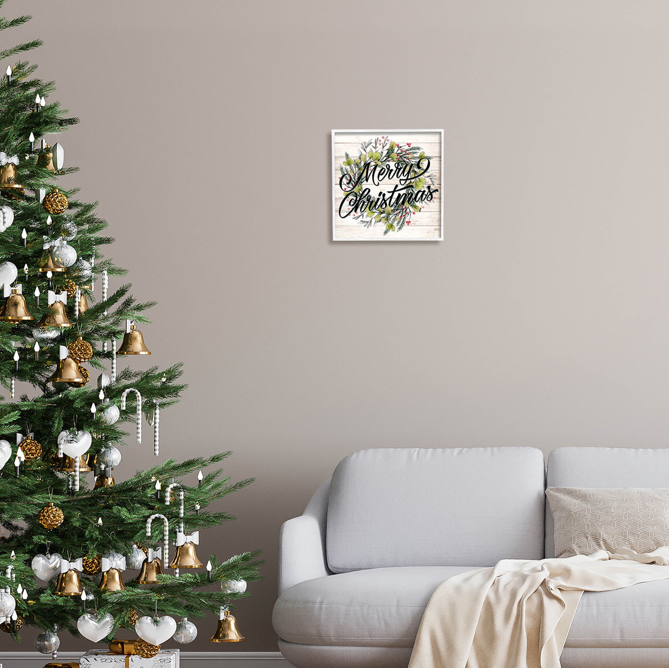Stupell Industries Merry Christmas Botanical Wreath Graphic Art White Framed Art Print Wall Art, Design by Kim Allen