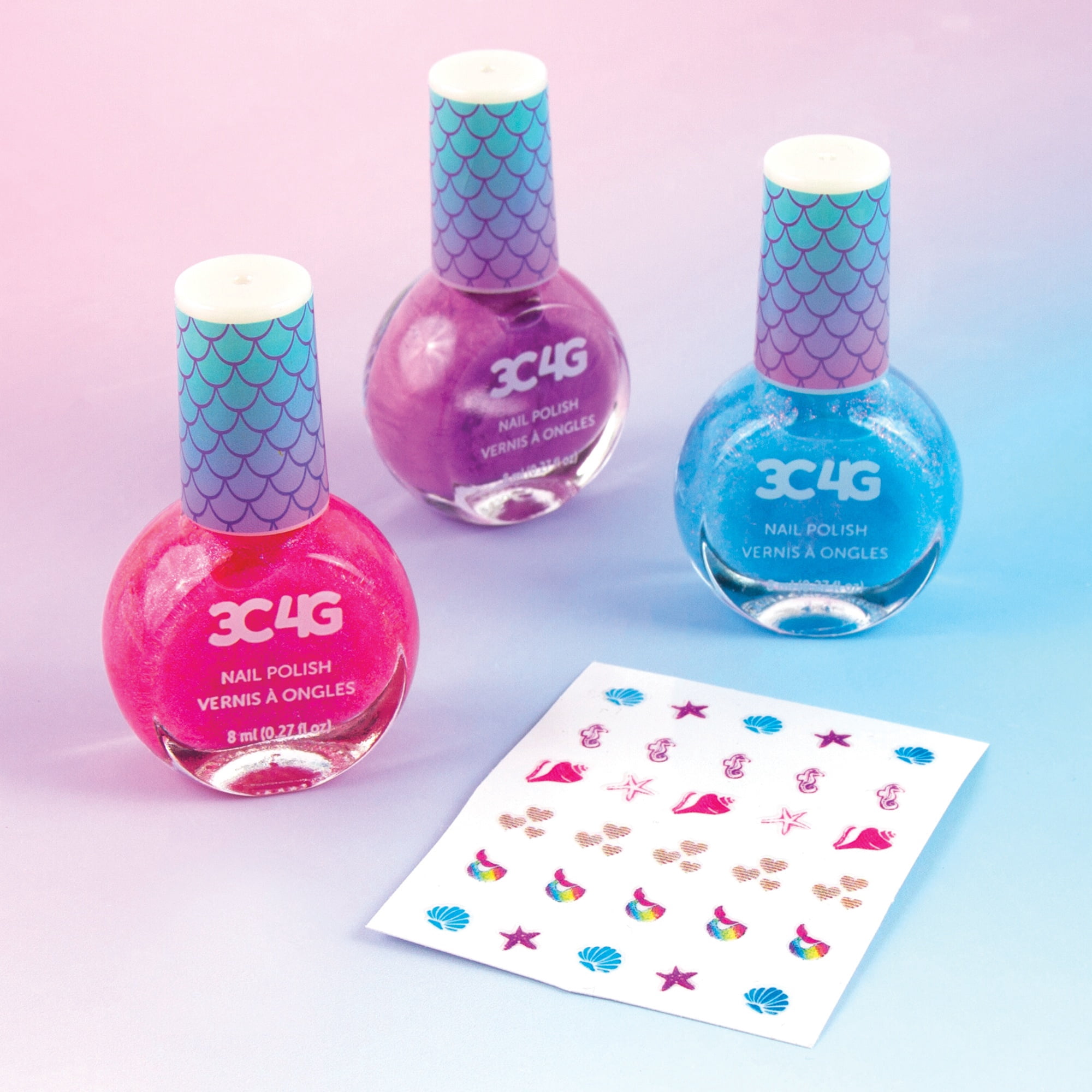 Three Cheers For Girls: Mermaid Shimmer Trio Nail Polish Set - 3 Bottles W/ Nail Stickers, Make It Real, Tweens & Girls, Non-Toxic Long-Lasting Polish, Bright Pink, Purple & Blue Shades, Ages 8+