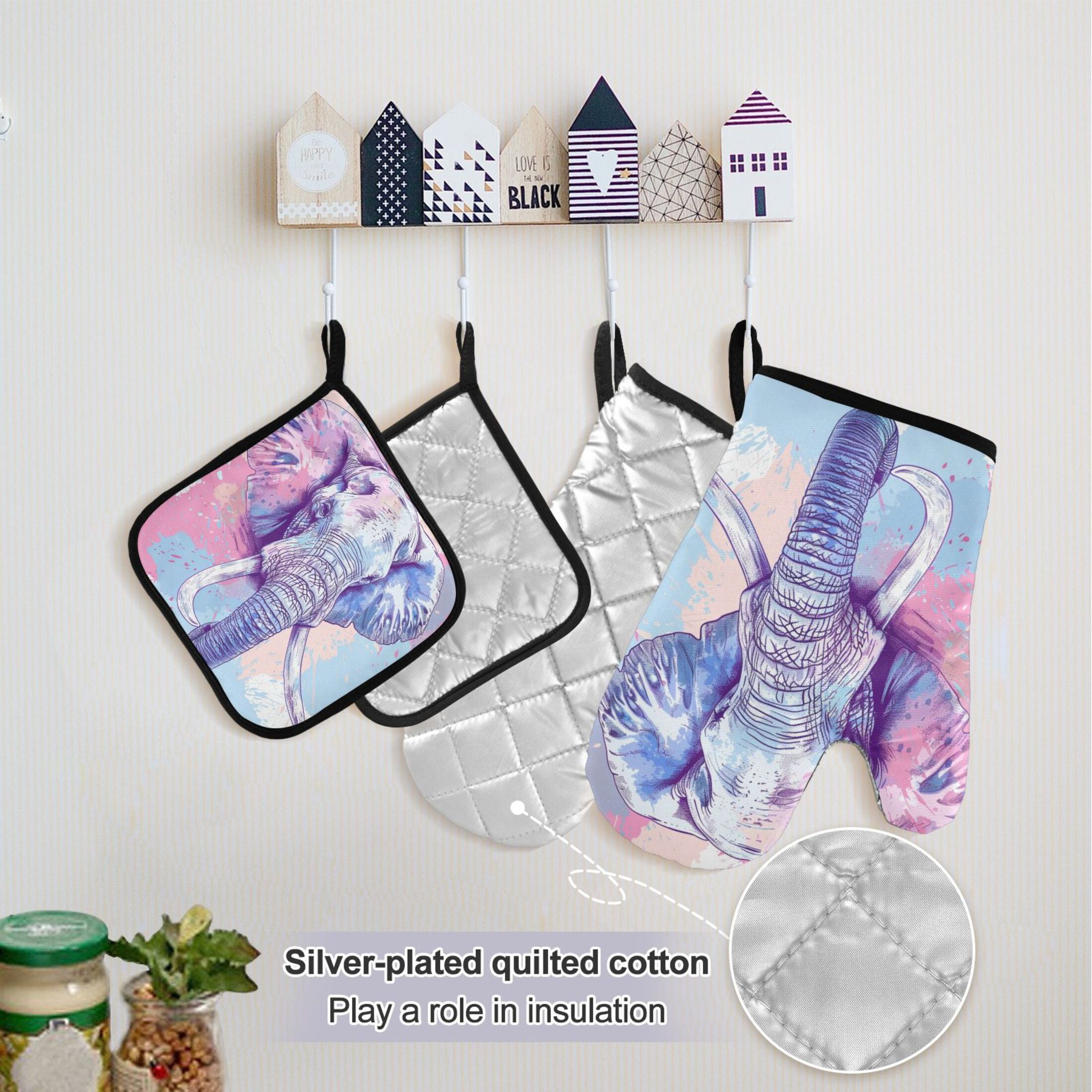 Colorful Elephant Head 5 Pcs Kitchen Set Heat Resistant Oven Mitts and Non-Slip Pot Holders with Adjustable Cooking Apron