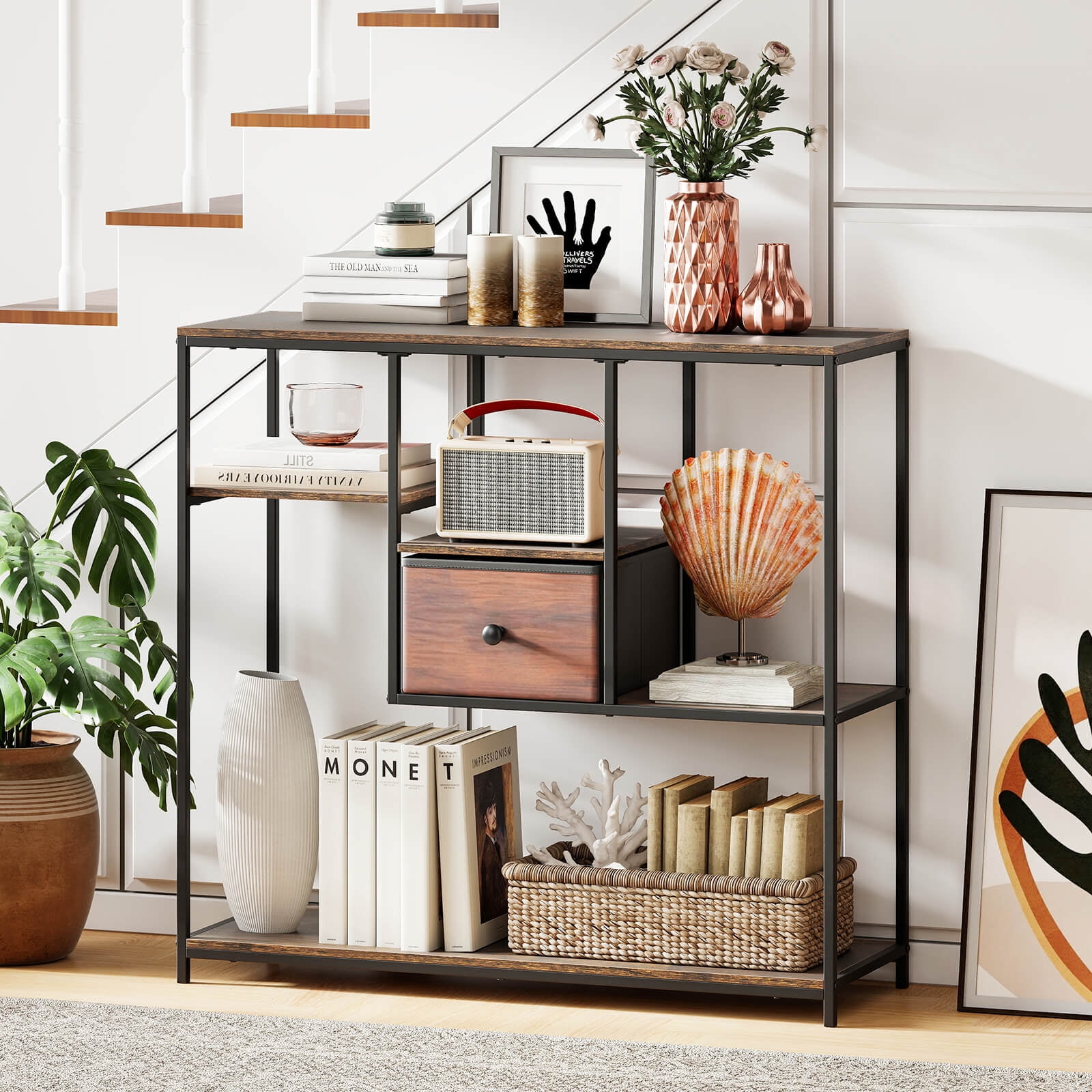 Costway 40" Console Table with Drawer & 4-Tier Shelf,Farmhouse Entryway Table Rustic Brown and Black