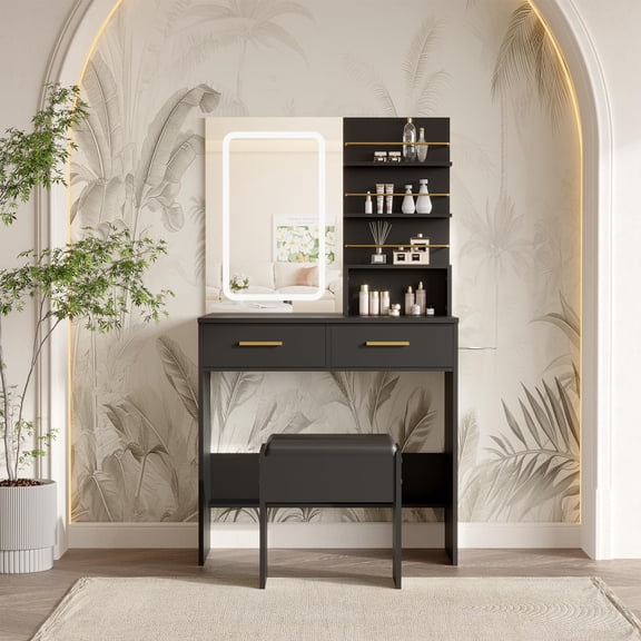 Vanity Desk with Mirror and Lights – Makeup Table with Drawers, Shelves & Cabinet, Cushioned Stool, Charging Station – Dressing Table for Bedroom-31.5''-White/Black