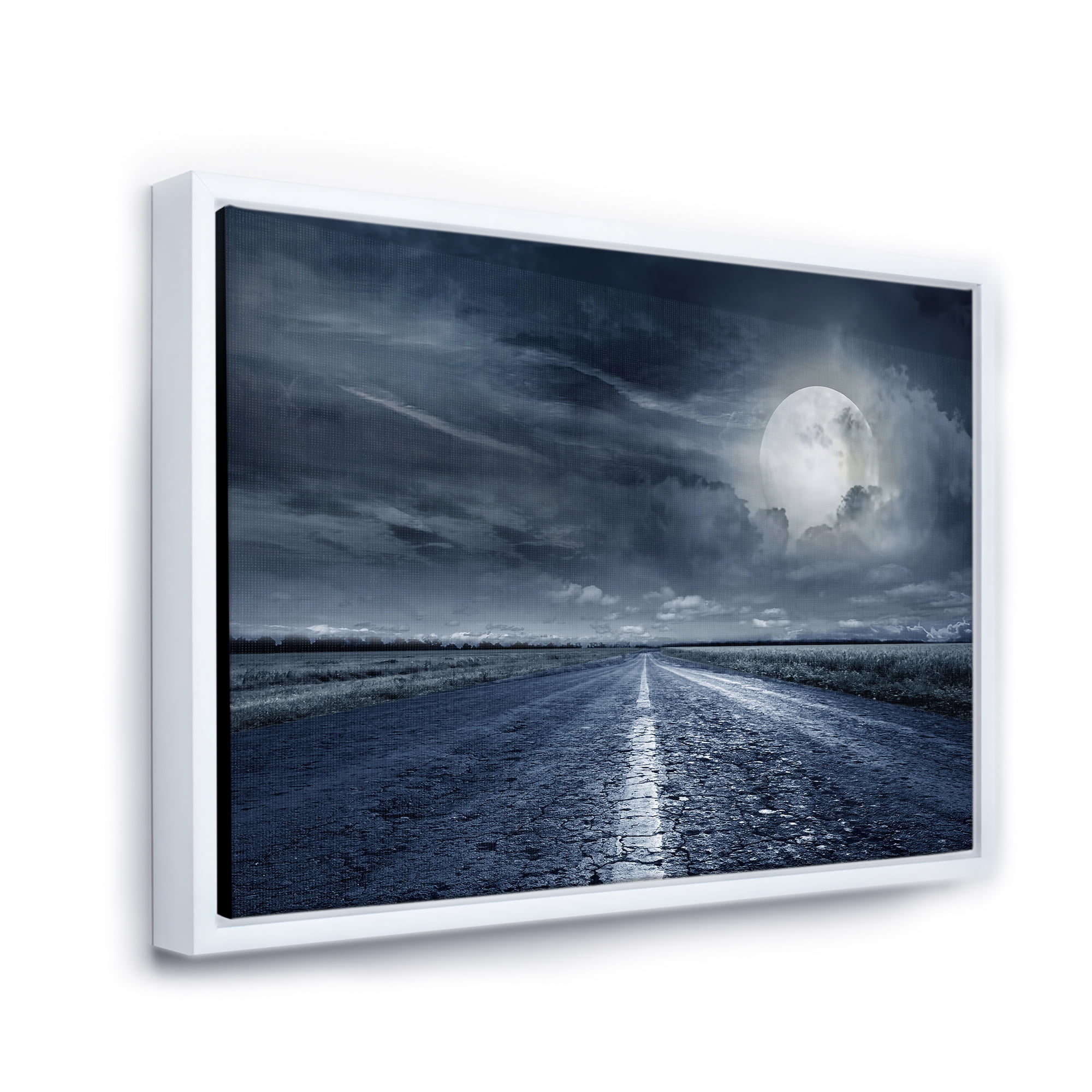 Designart 'Cloudy Full Moon Over Asphalt Road II' Nautical & Coastal Framed Canvas Wall Art Print