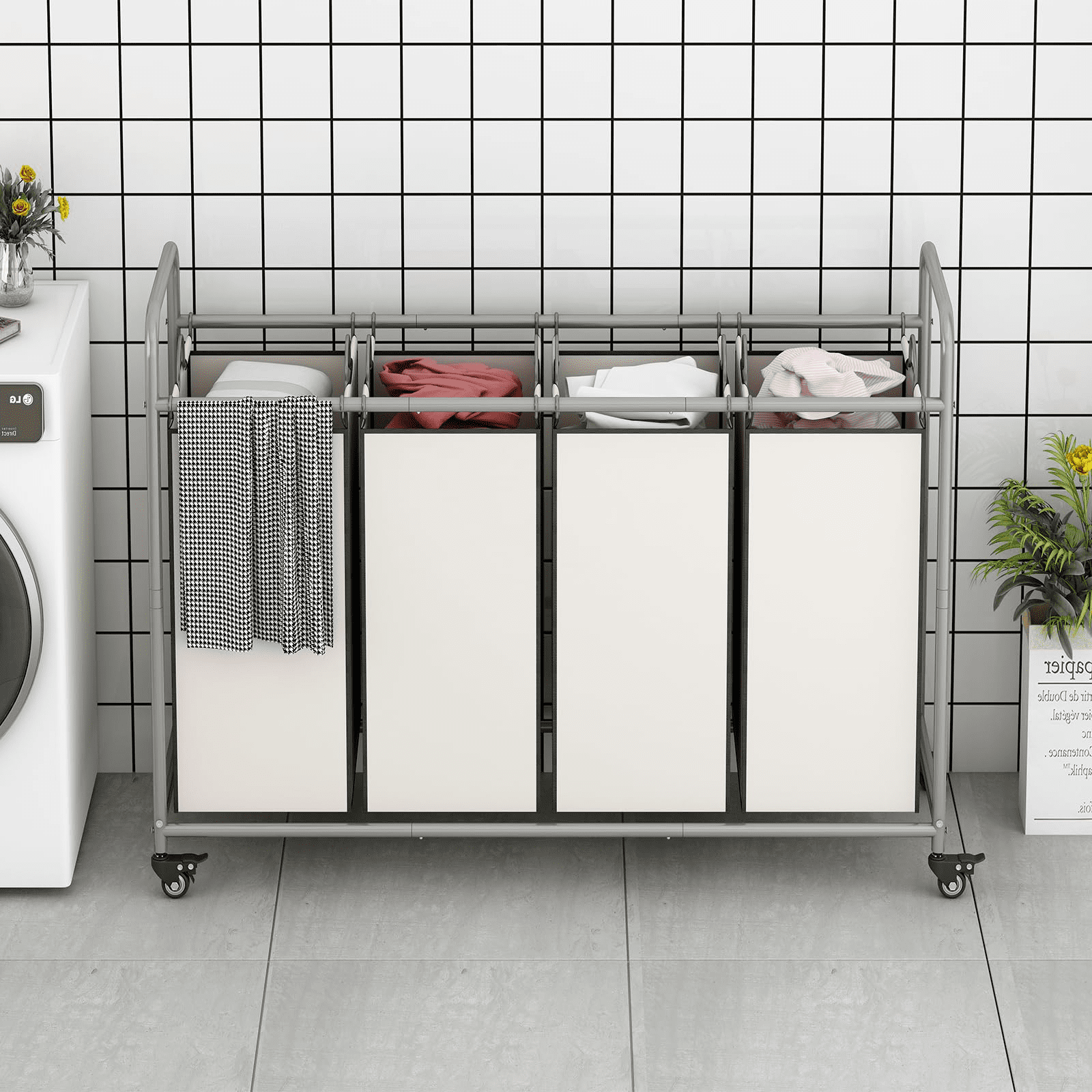 4 Bag Laundry Basket Sorter Laundry Hamper Cart with Heavy Duty Rolling Lockable Wheels and Removable Bags Organiser