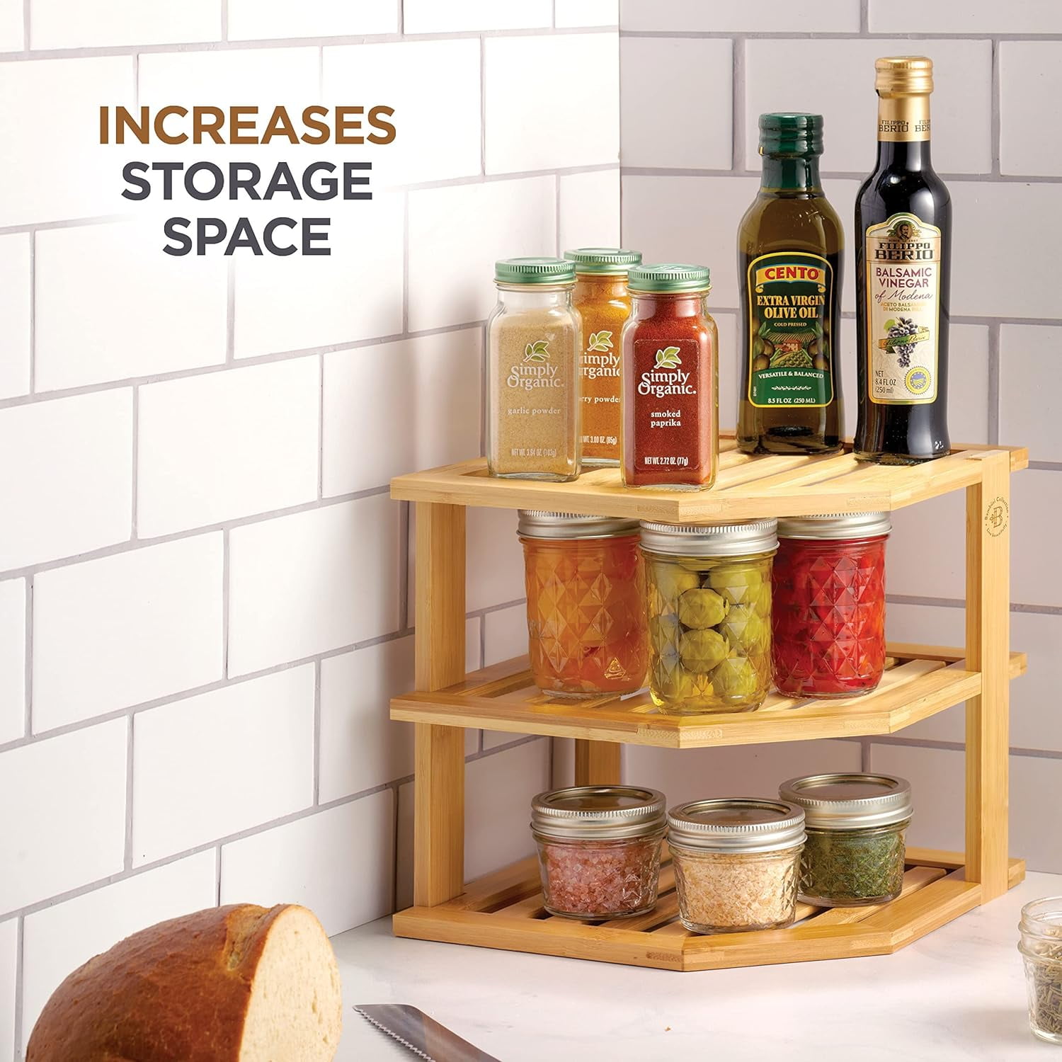 3-Tier Bamboo Corner Shelf Organizer for Cabinet Countertop, Plate Organizer for Cabinet, Cupboard Organizer, Black