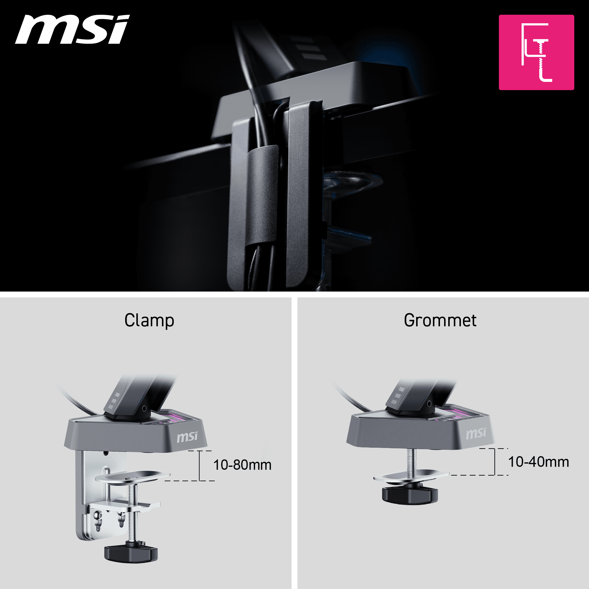 MSI MPG MT161R WMT Single Spring Gaming Monitor Desk Arm, Fully Adjustable Full Motion VESA Mount for up to 17 - 45 inch screen, RGB LED, Tool-free Installation, Clamp & Grommet, Cable Management