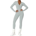thumbnail image 2 of Women's Textured Yoga Bodysuit, Long Sleeve Zipper Front Yoga Suit with Waist Cinching Design, Sculpting Tight Bodysuit for Yoga, Workout, Gym and Casual Athleisure Wear Light Ashy, 2 of 7