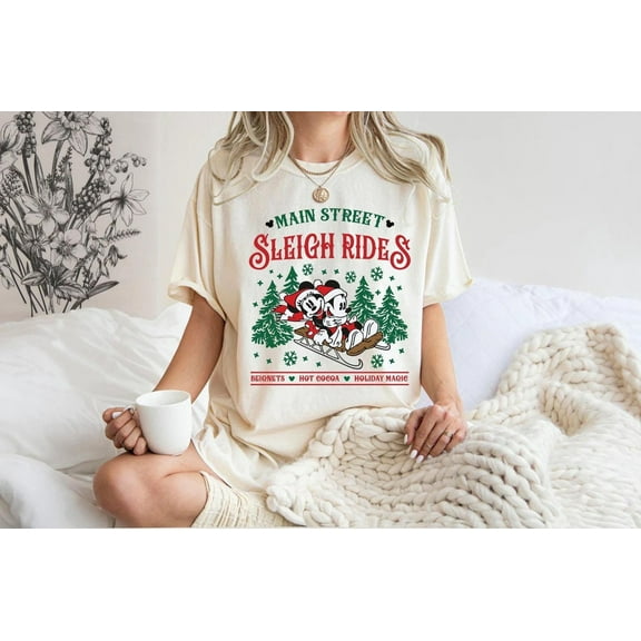 Comfort Colors Retro Mickey Minnie Main Street Sleigh Rides Shirt, Disney Christmas T-Shirt, Holiday Family Trip Tee