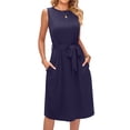 thumbnail image 5 of HUBERY Women Crewneck Sleeveless Tie Waist Pocket Split Hem Solid Color Midi Dress, 5 of 7