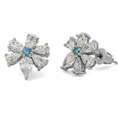 IN LOVE BY BRIDES Blue and Clear Simulated Diamond Rhodium-Tone Flower Earrings