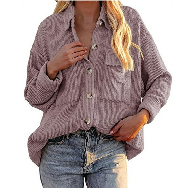 IROINID Veste Courte en Velours Côtelé pour Femmes, Col Rabattu, Couleur Unie, Manches Longues, Poches Confortables, Boutons, Violet