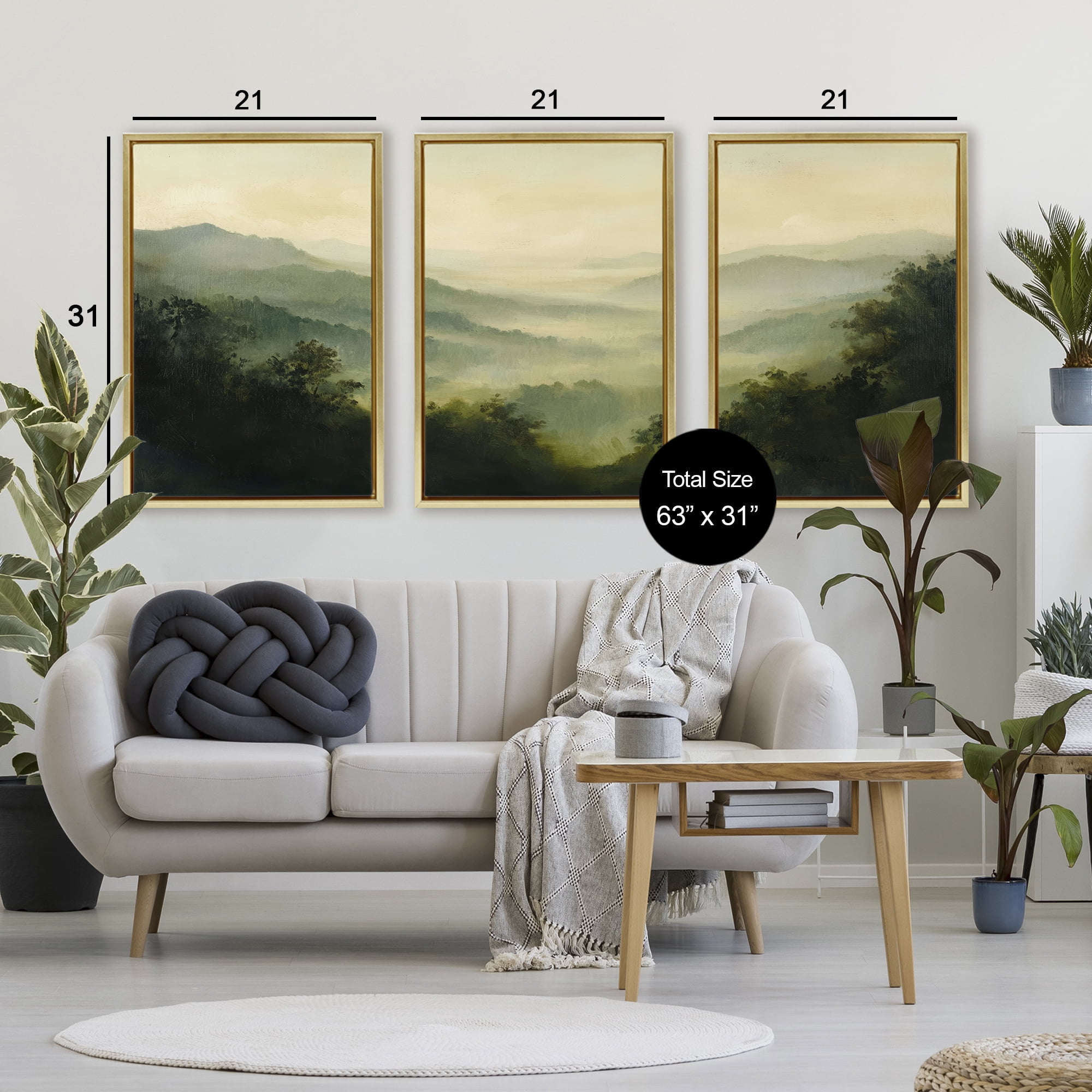 Stupell Industries Through The Haze Mountain Panorama 3 Piece Gold Framed Floater Canvas Set, design by Petal Prints Design