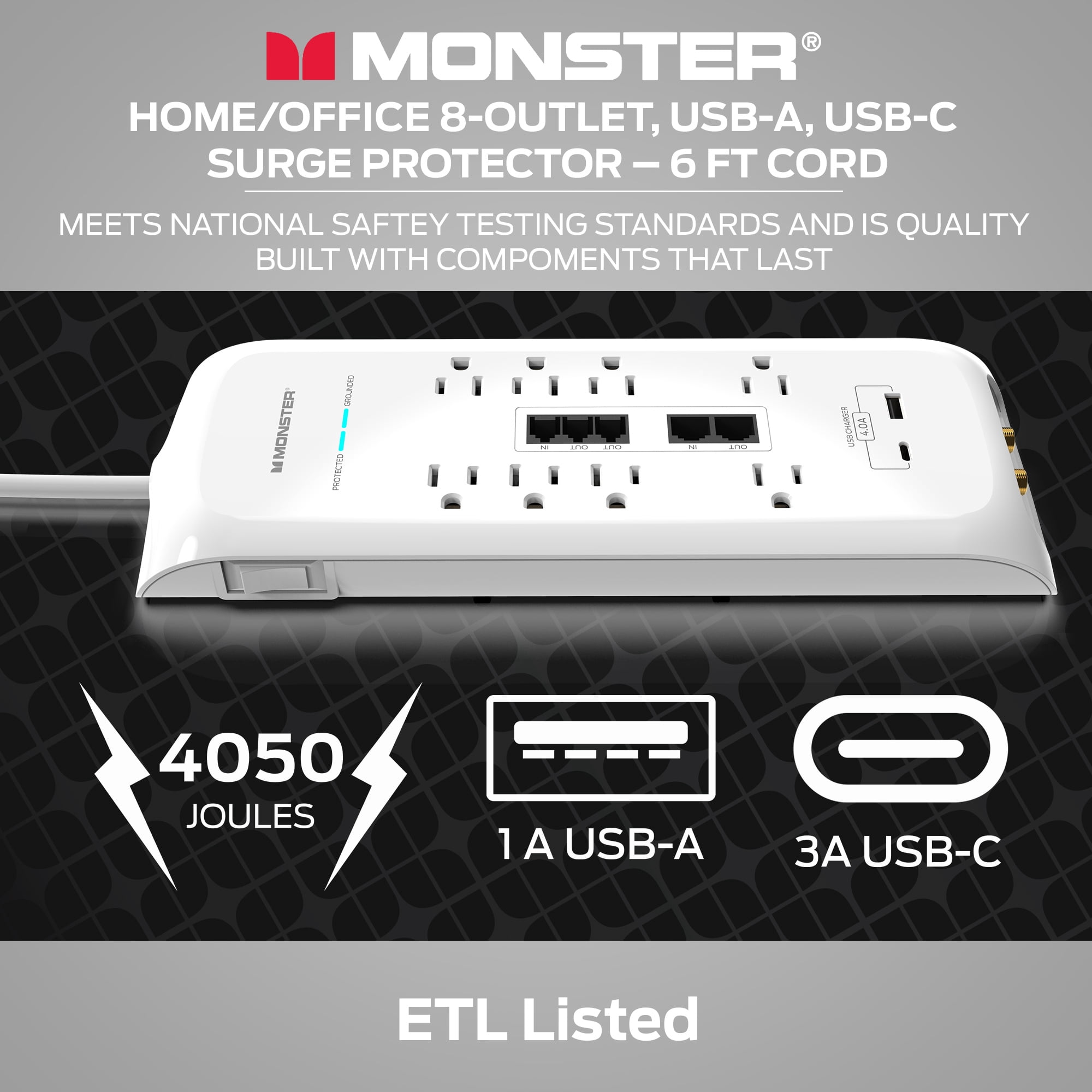 Monster White Heavy Duty 8 Outlet Surge Protector with USB-A & USB-C, 1 Count