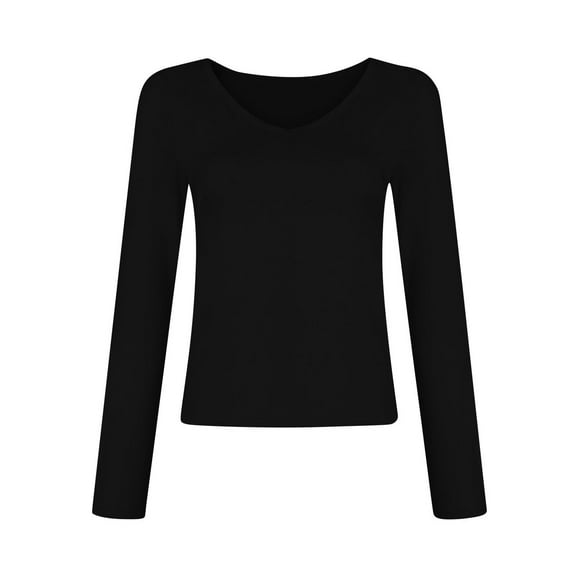 Defitshape Women's Long Sleeve Top Fall Shirt Soft Spandex V Neck Tight Summer Spring Stretch Comfy Fitted Blouse Black Large