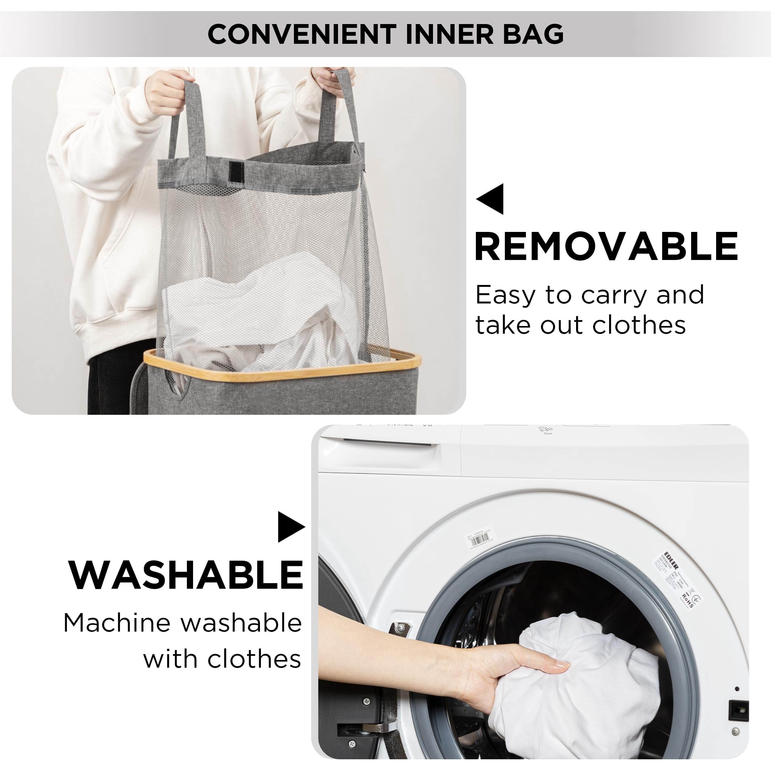 HBlife 100L Slim Laundry Hamper with Lid and Removable Inner Bag,Grey
