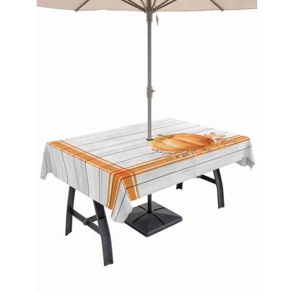 Outdoor Tablecloth with Umbrella Hole and Zipper, Orange Pumpkin Rectangle Table Cloth 54x80 Inch Waterproof Tablecloth, Thanksgiving Fall Maple Leaves Stripe Picnic Table Cover for Patio Camping