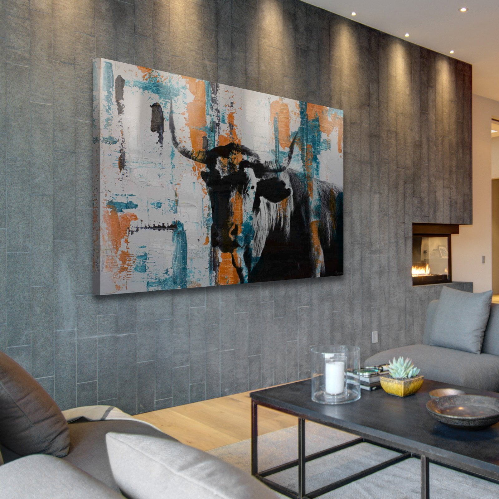 "Orange Teal Steer" Painting Print on Wrapped Canvas