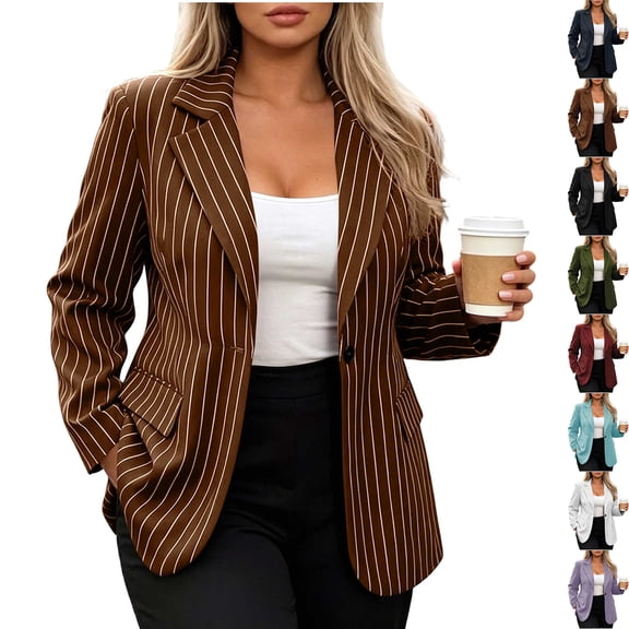 Womens Plus Size Coat Stripe Button Long Sleeve Collared Work Office Suit Jackets Blazer