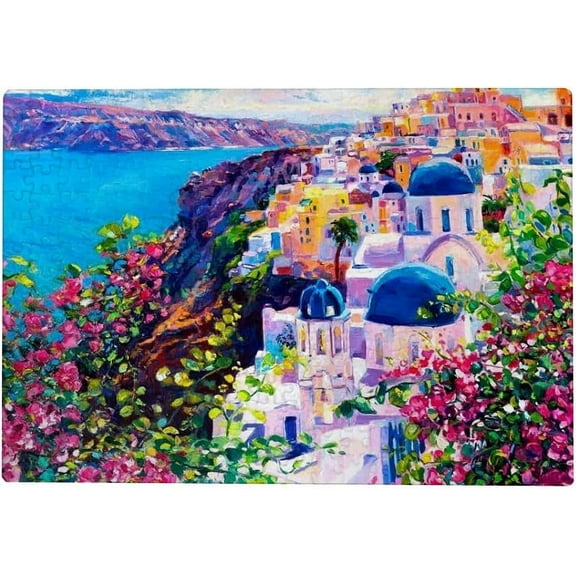 1000 PCS Jigsaw Puzzles, 29.5" x 19.7" Artwork Gift for Adults Teens Oil Painting Santorini Seascape Wooden Puzzle Games