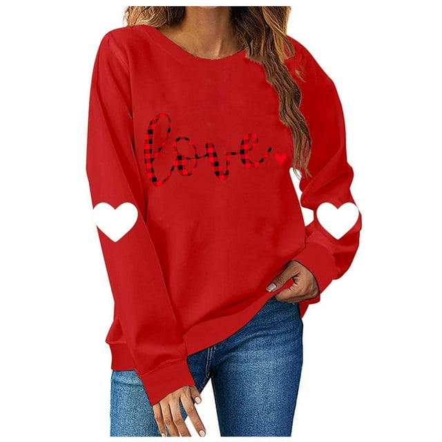 Printemps TIMIFIS Valentines Day Cadeaux pour Elle Chandail Cœur pour Femmes Mode Mignon Imprimé Amour Chandails à Col Rond Décontractés Manches Longues Tenues de Printemps Automne - Printemps/été