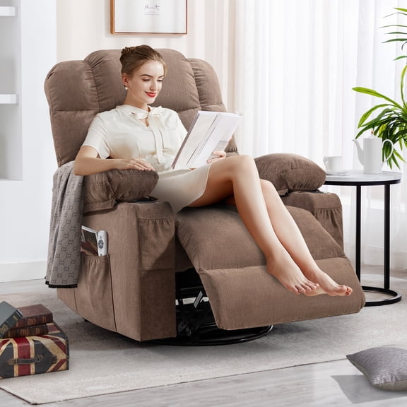 Sesslife Swivel Rocker Recliner Chair with Heat and Vibration Massage, Manual Fabric Lounge Chair with Side Pockets, 2 Cup Holders, USB Charge Port, Single Sofa Chair for Bedroom Theater, Brown