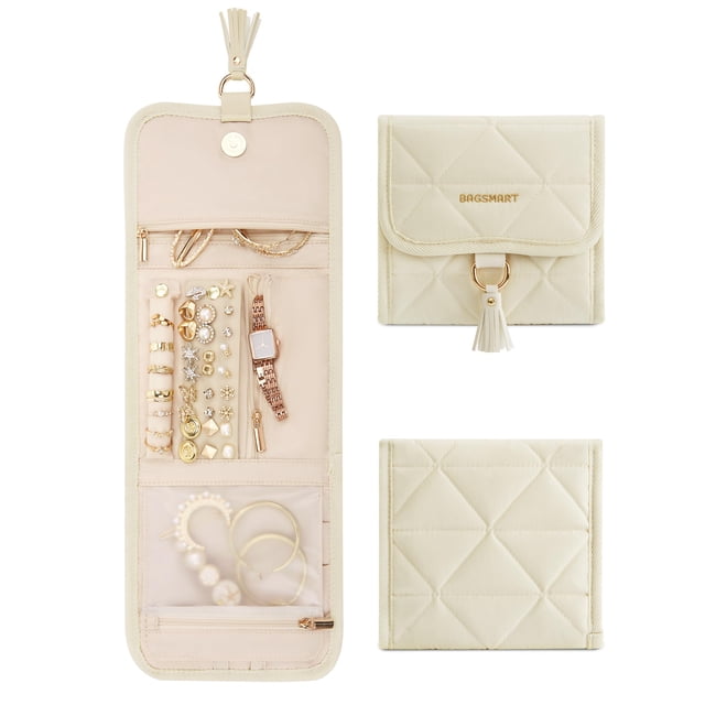 Estuche organizador de viaje para joyas BAGSMART Roll, plegable, color beige