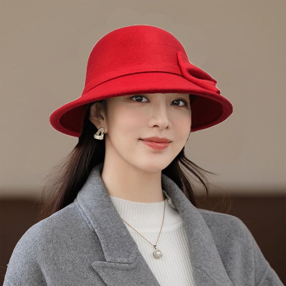 Retro Winter Hat for Women Classic Wide Brim Bucket Style Fashion Elegant Cap Red One Size
