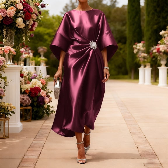 Blmnix Valentine Dresses for Women Waisted Plus Size Smock Under Dress Red Elbow-Length Crew Neck Skirt for Women,XXL