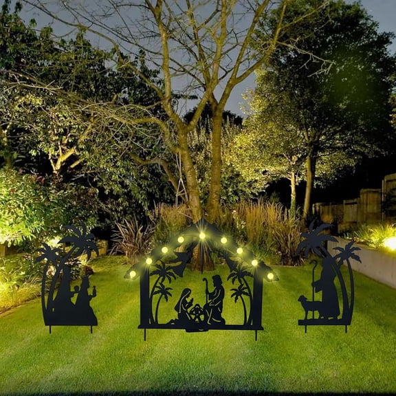 Christmas Garden Jesus Scene Decor Solar Nativity Set with 9 LED Lights Outdoor Indoor Metal Silhouette Decoration for Yard Lawn Garden Holiday Party