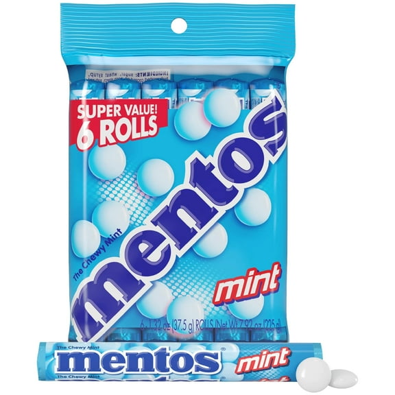 Mentos Chewy Breath Mints Candy Roll, Peppermint, Peanut Free, Regular Size, 1.32 Oz, 6 Count
