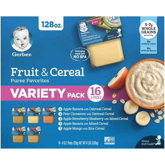 Gerber 2nd Foods Fruit & Cereal Puree Favorites Baby Food, Variety Pack, 4 oz Tubs (32 Pack)