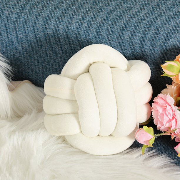 Almohada de bola redonda con nudo de cuerda de tres hilos tejida a mano para decoración del hogar, almohada de bola con nudo de terciopelo de cristal