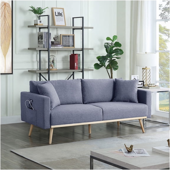 JERFIT Modern 75" Wide Sofa Couch with USB Charging Ports, Storage Pockets & Pillows, Dark Gray Linen Fabric 3-Seater for Living Room