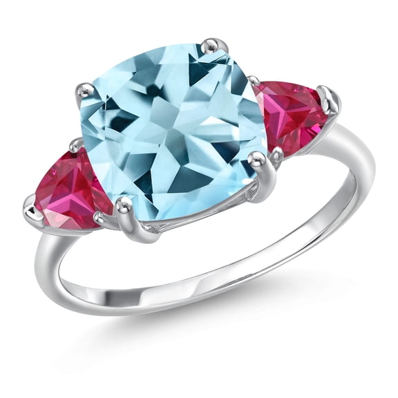 Gem Stone King 5.11 Ct Cushion Sky Blue Topaz Red Created Ruby 10K White Gold Ring (Size 8)