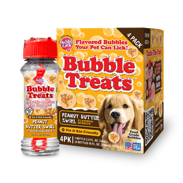 Bubble Treats Peanut Butter Swirl Pet Bubbles (2.5 Fl Oz, 4-Pack), Lickable Bubbles for Kids and Pets - Natural Peanut Butter Flavor, Great for Bubble Machines, Bubble Toys & Interactive Play