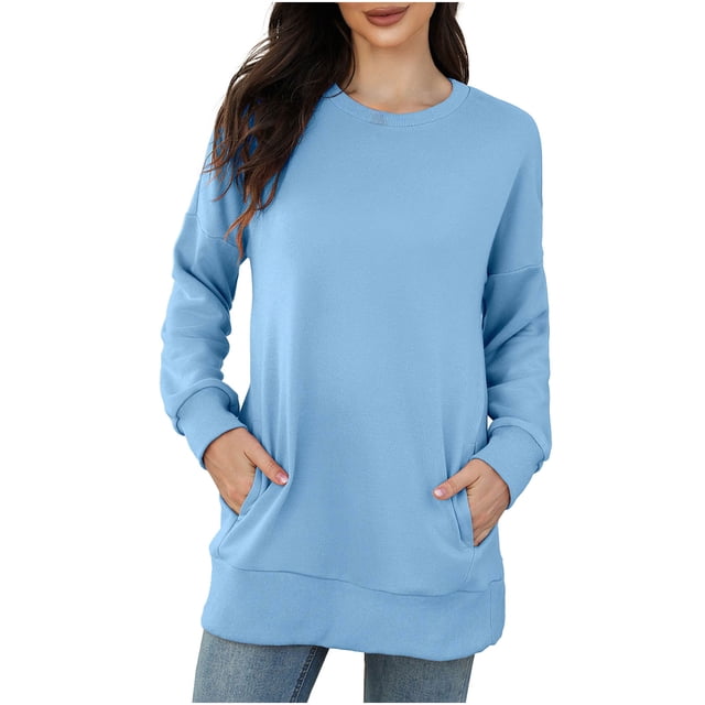 IROINID Offres T-Shirt à Manches Longues en Polyester pour Femmes Confortable Automne et Hiver Nouveau Col Rond avec Poche Chandail Hauts, Bleu