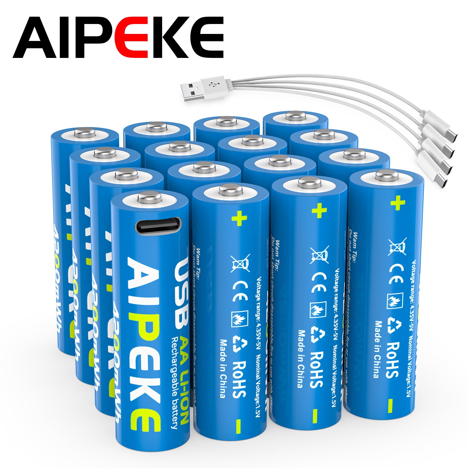 AIPEKE 8-Pack USB Rechargeable 1.5v AA Lithium Batteries High Capacity High Performance, for AA Rechargeable Li-Ion Battery