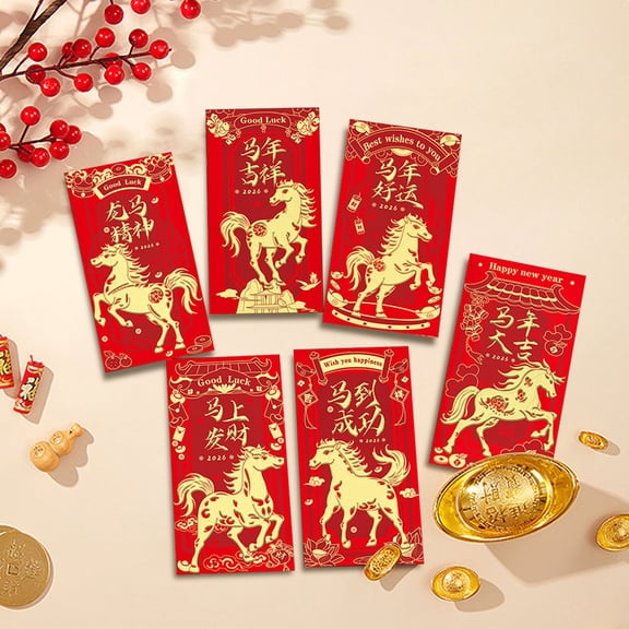 Year Of The Horse 2026, Chinese New Year Red Envelopes, Chinese New Year Decorations, 6-Pack Auspicious Red Envelopes for Kids & Adults Spring Festival Gifting